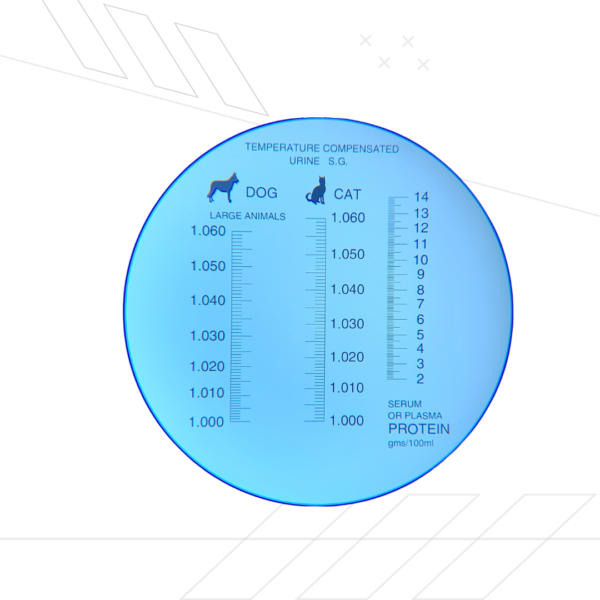 Refractómetro de uso veterinario; Refractómetro de uso veterinario. Mediciones de densidad urinaria y proteína es suero Para perros y gatos. Compensación automática de temperatura (ATC). Mediciones son siempre precisas independientemente de la variación de temperatura.